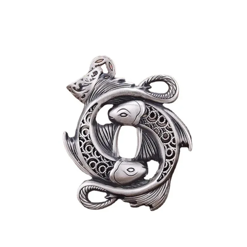 

Real Silver Vintage Double Fishes Tai Chi Fish Hollowed-out Lucky Chain Pendant Men Women Jewelry Gift