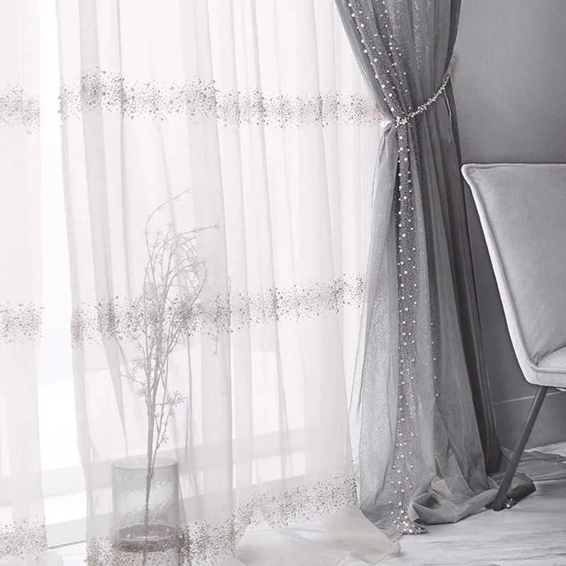 Meteor Pearl Embroidered Tulle Curtains for Living Room Light Luxury Beads White/Grey Sheer Volie for Balcony ZH452 #VT