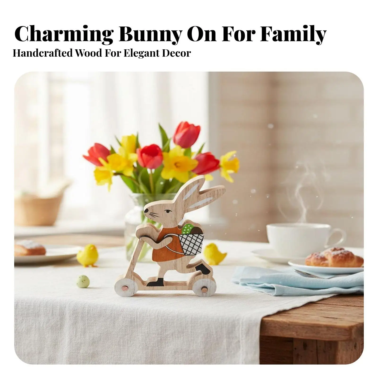 Festive Rabbit Statue Wooden Easter Bunny Ornament for Home Mantel Shelf Tabletop with Spring Holiday Charm
