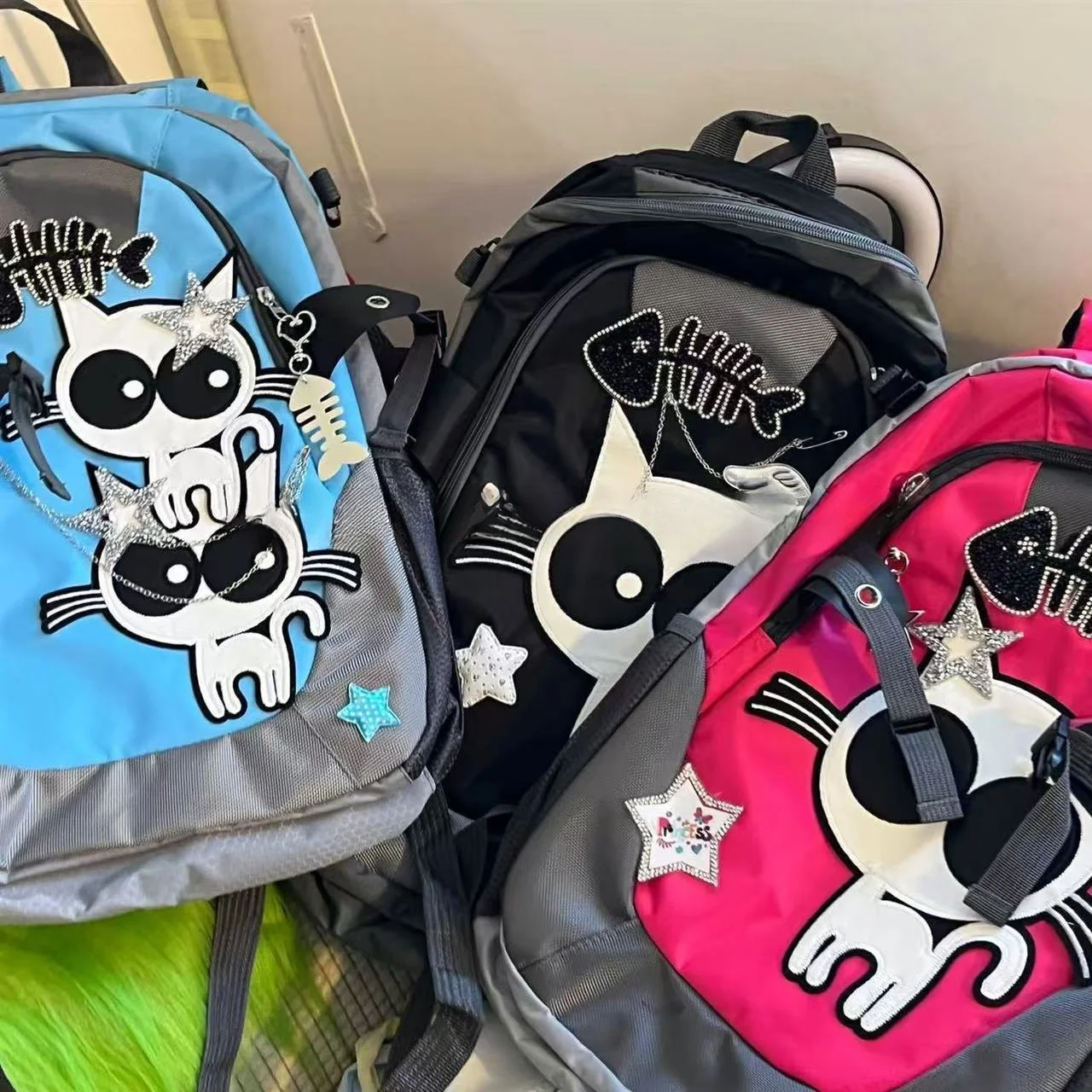 

JIAERDI Ретро Harajuku милый рюкзак с котенком женский популярный женский рюкзак с цепочкой большой емкости женский Y2k Star Fishbone Mochilas Mujer