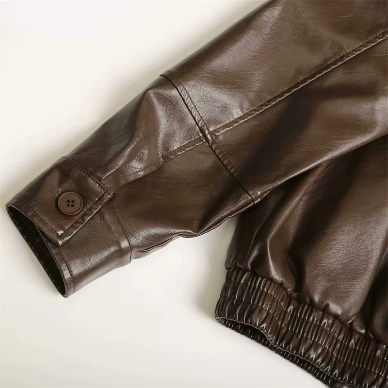 Keyanketian outono nova lapela feminina manga comprida zíper frontal jaqueta piloto de couro falso jaqueta à prova de vento