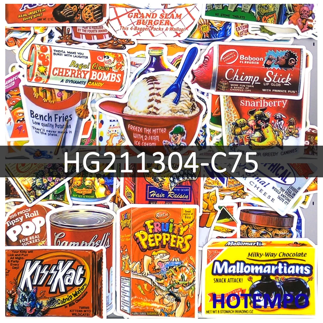 

75Pieces, Funny Food Packing Stickers, Retro Pop Art, Spoof Style, for Laptop Car Phone Motorcycle Scrapbook, Fun Sticker Pack