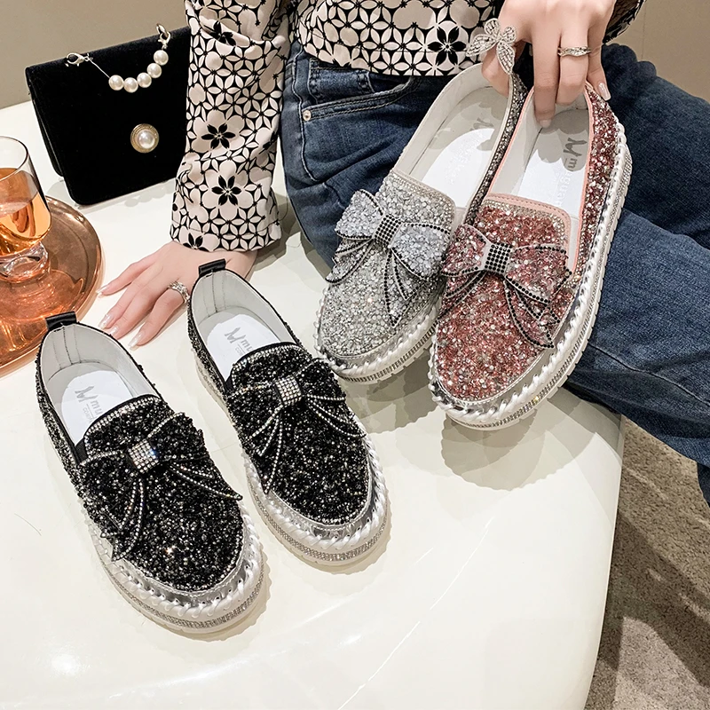 

Женские люксовые лоферы с полным инкрустированием стразами, повседневные спортивные туфли на платформе с круглым носком и бантом, вулканизированные, большие размеры 35-43