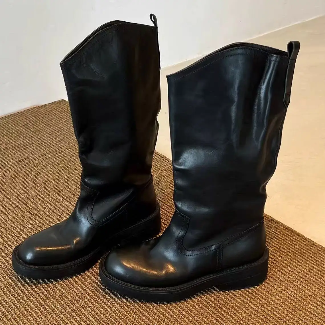 

Women Knight Boots with Belt Buckle High Top Boots Casual Round Toe Anti-Slip Rubber Outsole Leather Lined Winter Fashion