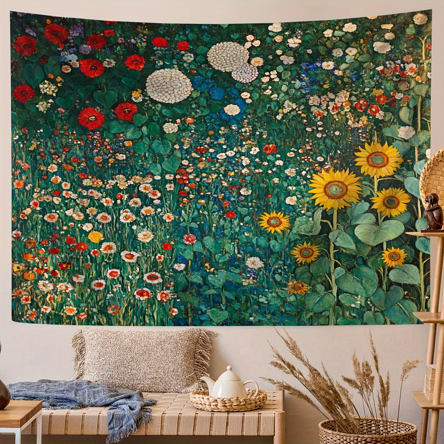 Klimt Flower Garden Tapestry, Colorful Sunflowers and Blooms, Art Nouveau Wall Hanging for Living Room Bedroom Home Decor