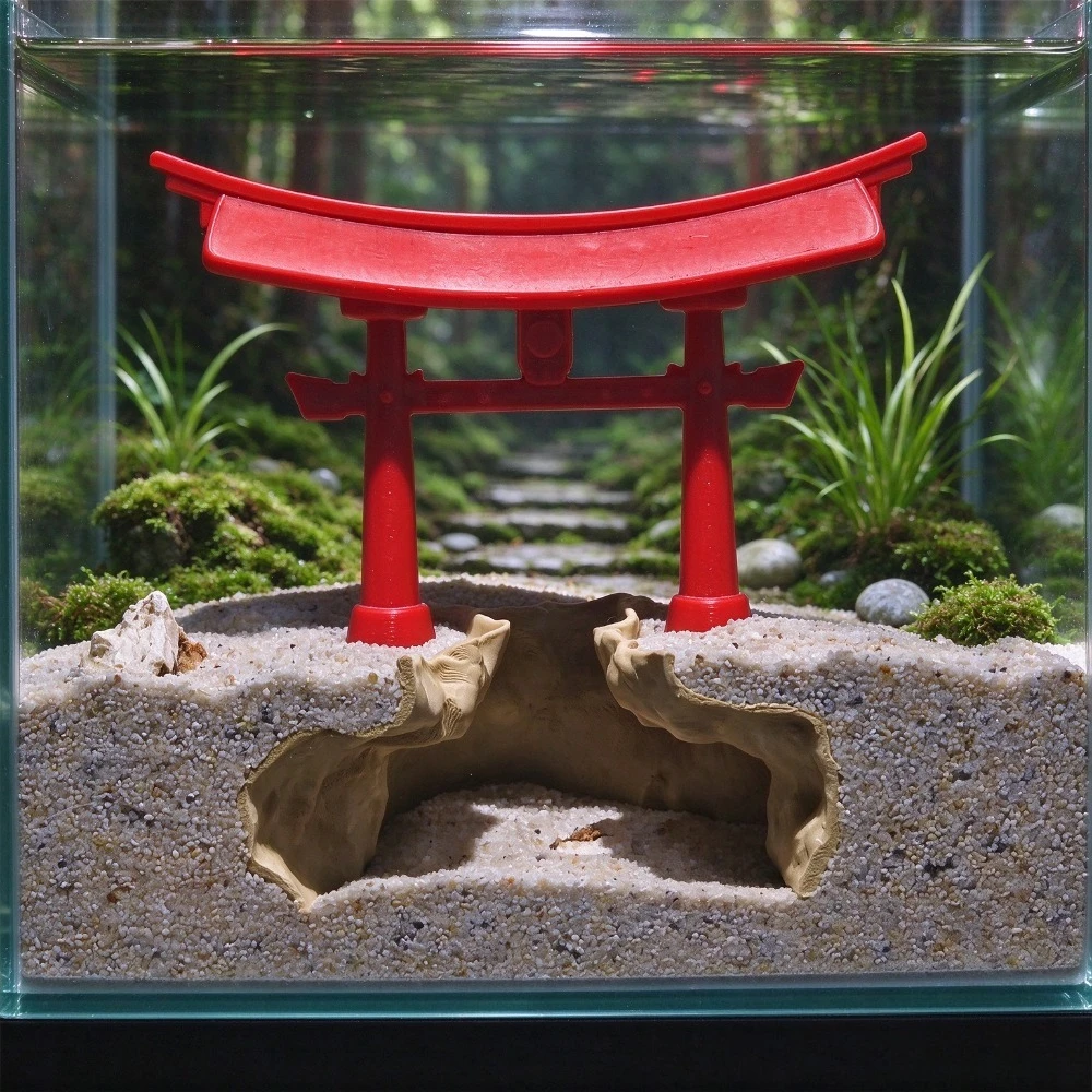 Japanese Torii Gate Aquarium Decoration Fish Tank Cave Rock Tunnel Shrimp Hideout Aquatic Landscape Ornament for Freshwater