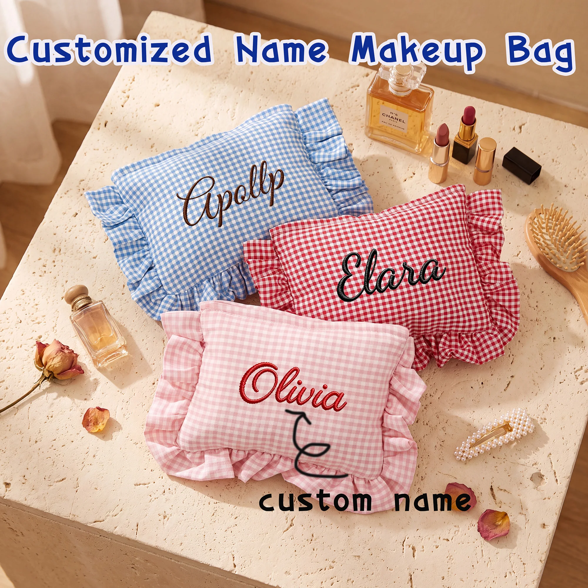 1 PC Personalized Ruffle Gingham Makeup Bag Custom Embroidered Name Cosmetic Bag Women Travel Toiletry Pouch