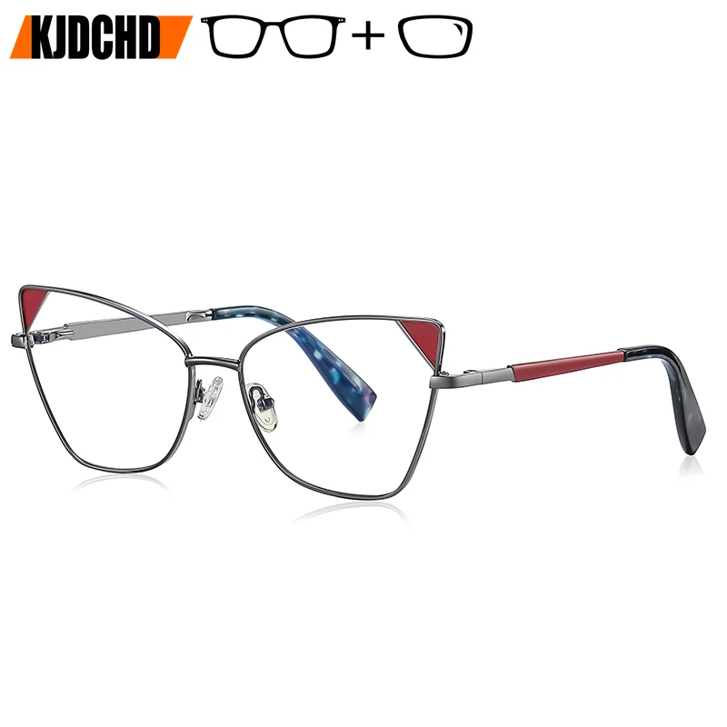 

KJDCHD Women Square Prescription Glasses Cat Eye Metal Frame with Photochromic Grey Brown Lenses Optical Eyewear