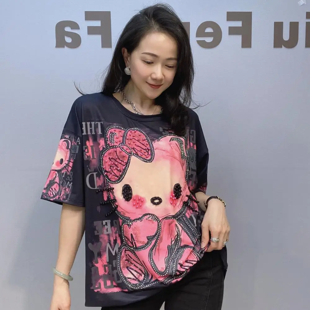 

Летняя футболка «Hello Kitty», свободная футболка с короткими рукавами для девочек, большой размер, аниме Sanrio, милые женские повседневные свободные топы с бусинами для ногтей
