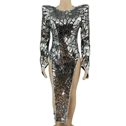 Silver Mirror Dress Long Sleeve Prom Dresses Sexy Slit Party Outfit Dj Gogo Dancer Clothes Female Singer Stage Costume