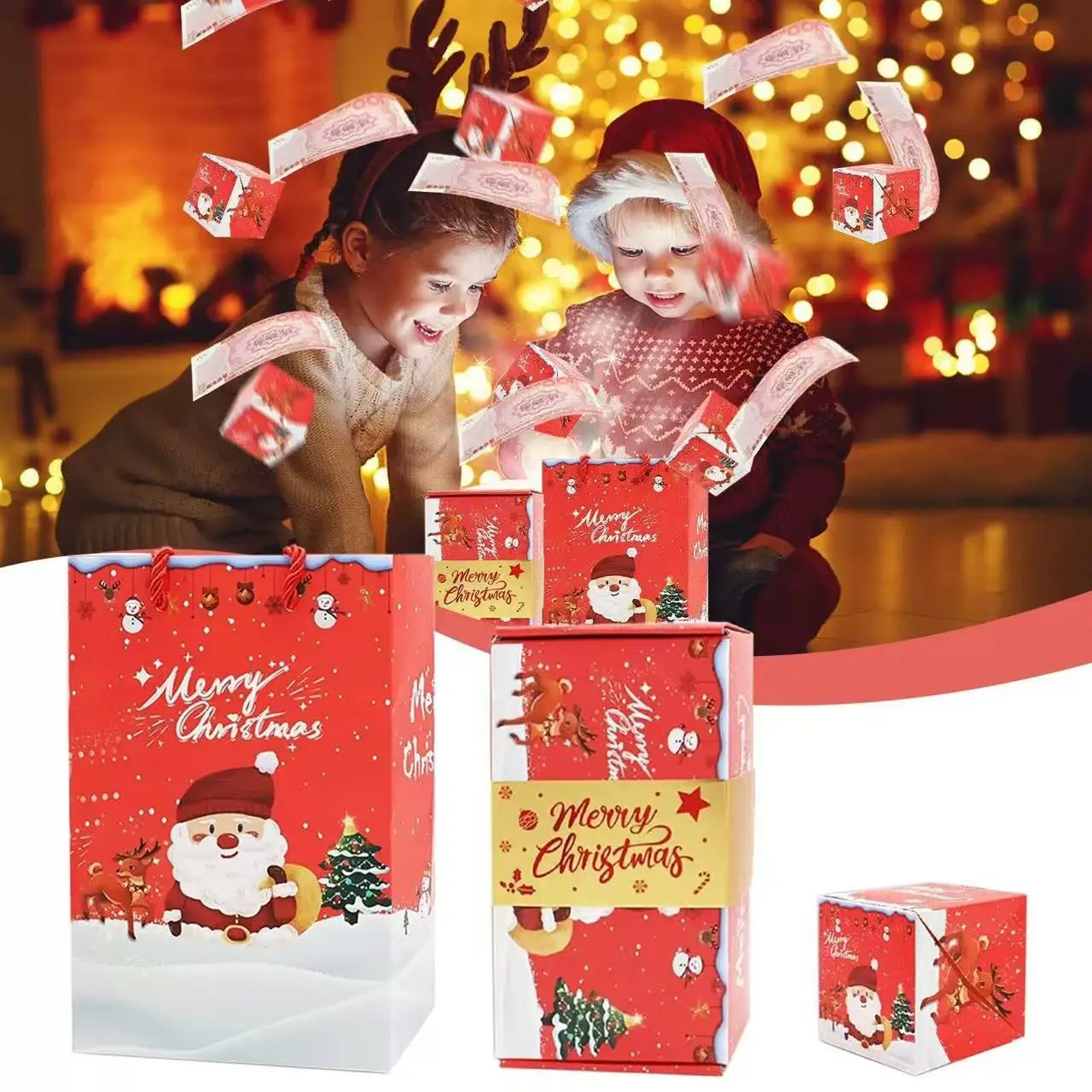 Caixa Surpresa Criativa de Natal com Envelope Vermelho, Caixa Saltitante, Chinelos Femininos de Manga Curta com Material Inte...