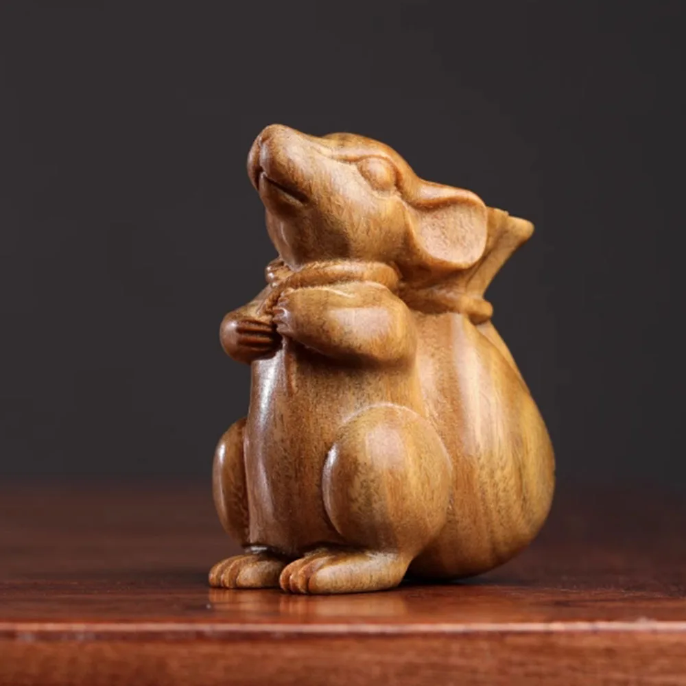 JW112 - 5.7CM Green Sandalwood Wealthy Mouse Zodiac Animal Feng Shui Pendant Wood Statue Animal Car Hanging Lucky Netsuke
