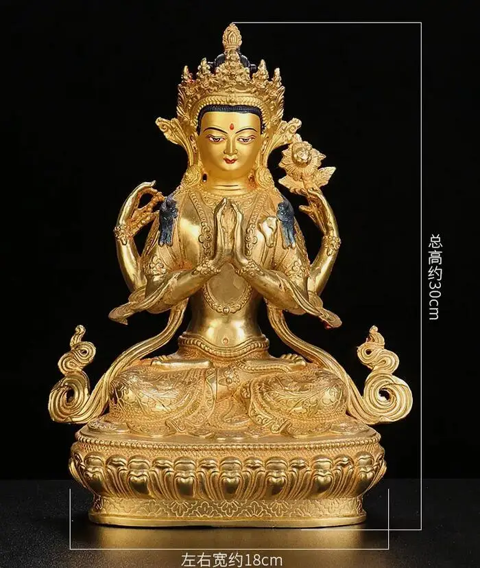 

30cm Tibetan Sakyamuni Handpainted bronze gilt Buddha Four-armed Guanyin statues