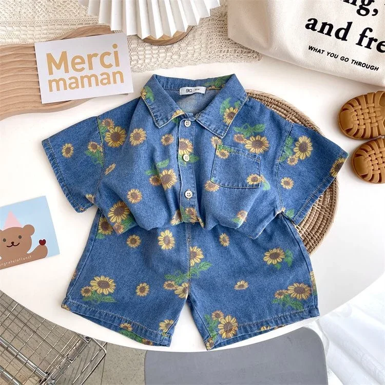 Siblings Children\'s Denim Suit 2024 Summer Korean Fashion Sunflowers Kid Girls Shirt+ Shorts Set 2-7Y Baby Boys Two-piece Suit