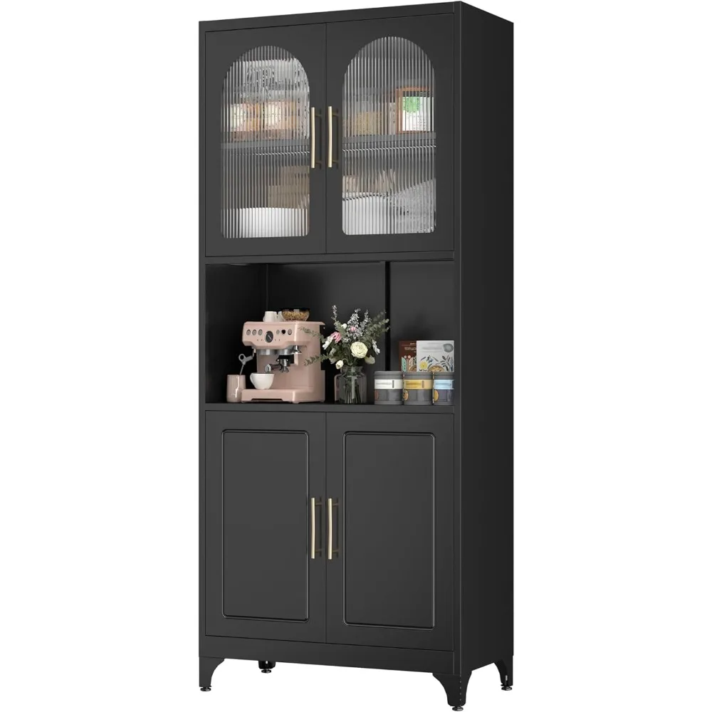 

75" Metal Kitchen Pantry Storage Cabinet,Kitchen Hutch Food Pantry Cabinet with Microwave Stand,Freestanding Larder Cupboard wit