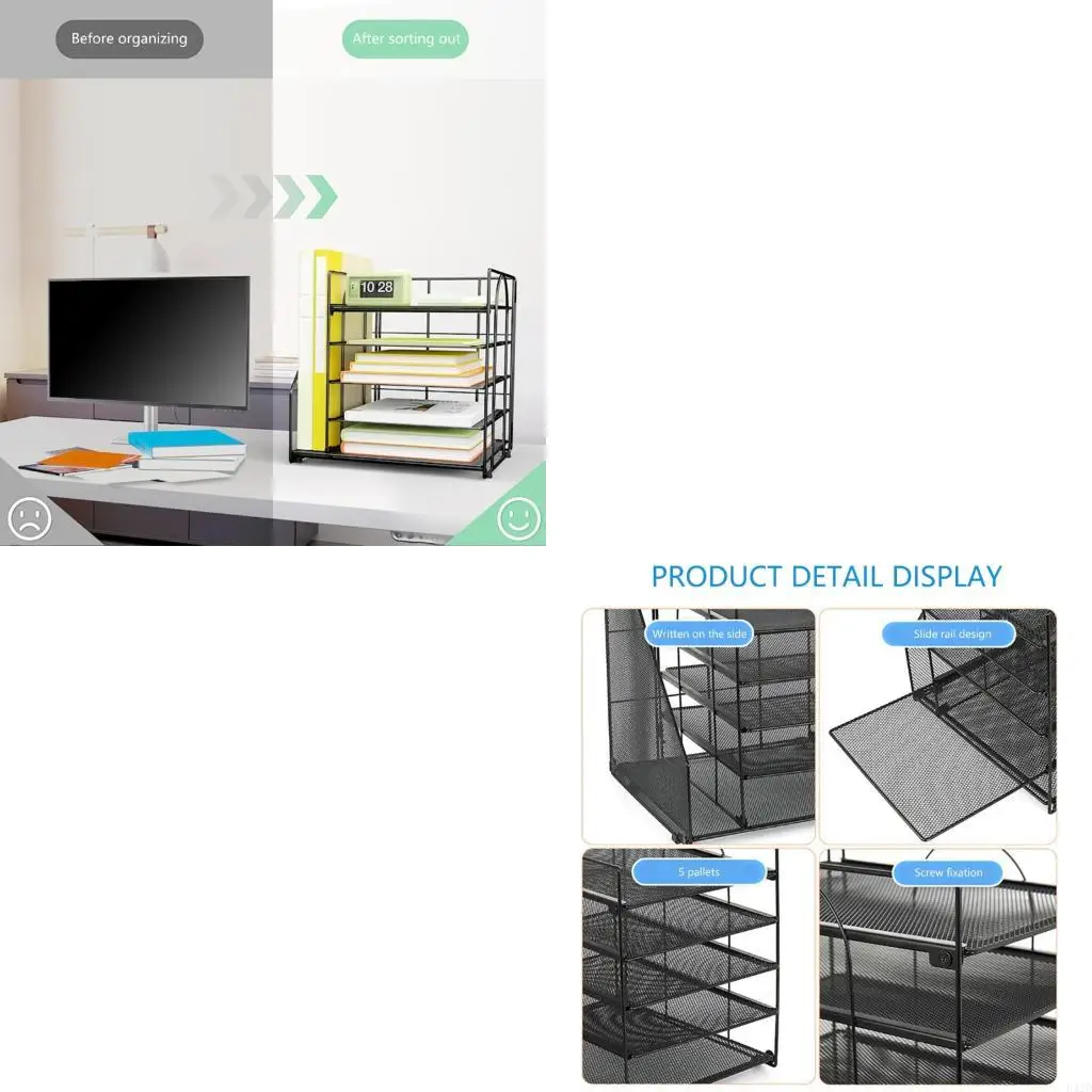 

F42D Heavy Duty Metal Document Organiser 5-Tiered Metal File Letter Tray With Book Rack For Office Home School Accessories
