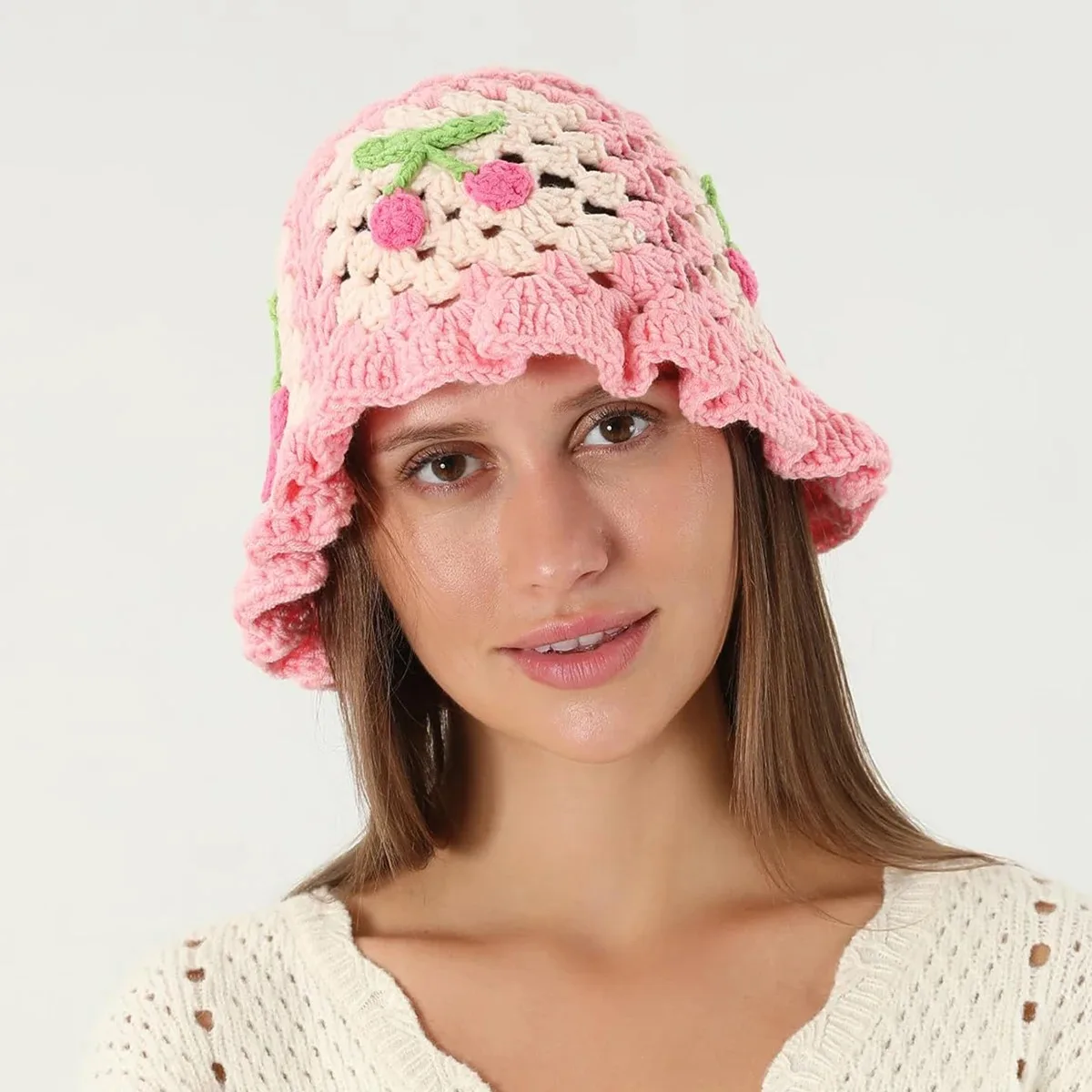 Crochet Bucket Hat for Women Handmade Cherry Floral Knitted Beanies Girl Elastic Cute Panama Beach Hat for Vacation Traveling