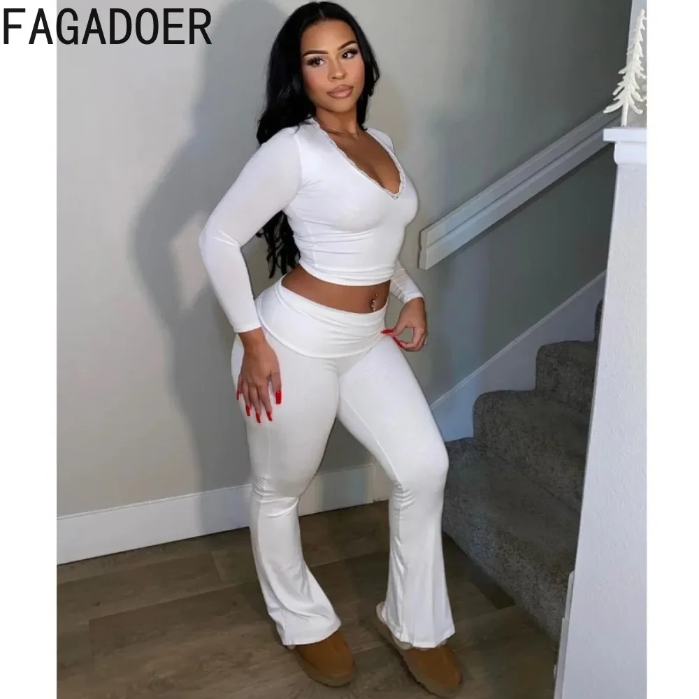 FAGADOER Autumn New Lace Splicing Home Two Piece Sets For Women Round Neck Long Sleeve Crop Top And Skinny Pants Outfits 2024