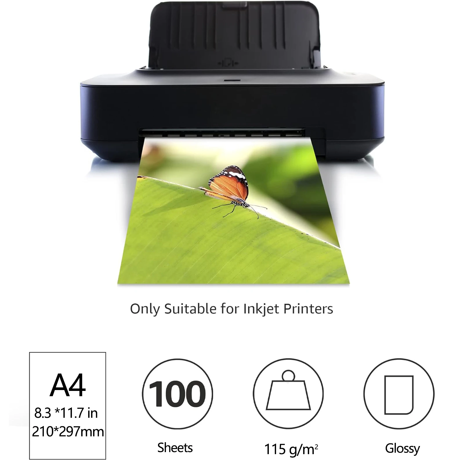 115 GSM A4 100 Sheets Single Side Glossy Photo Print Inkjet 8.3 X 11.7