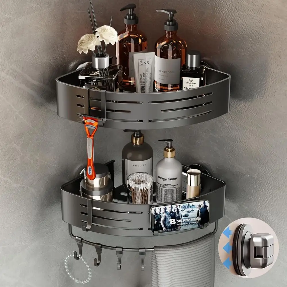 

Набор из 2 душевых полок на присосках, без сверления, улучшенный органайзер для душа с вешалкой для полотенец и крючками, съемный