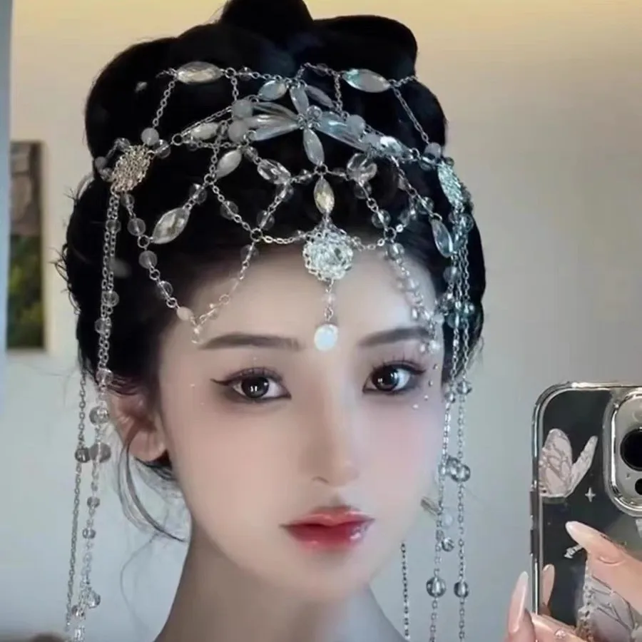 

Ancient Style Women's Flower Beaded Droplet Tassel Hair Chain Party Crystal Headwear
