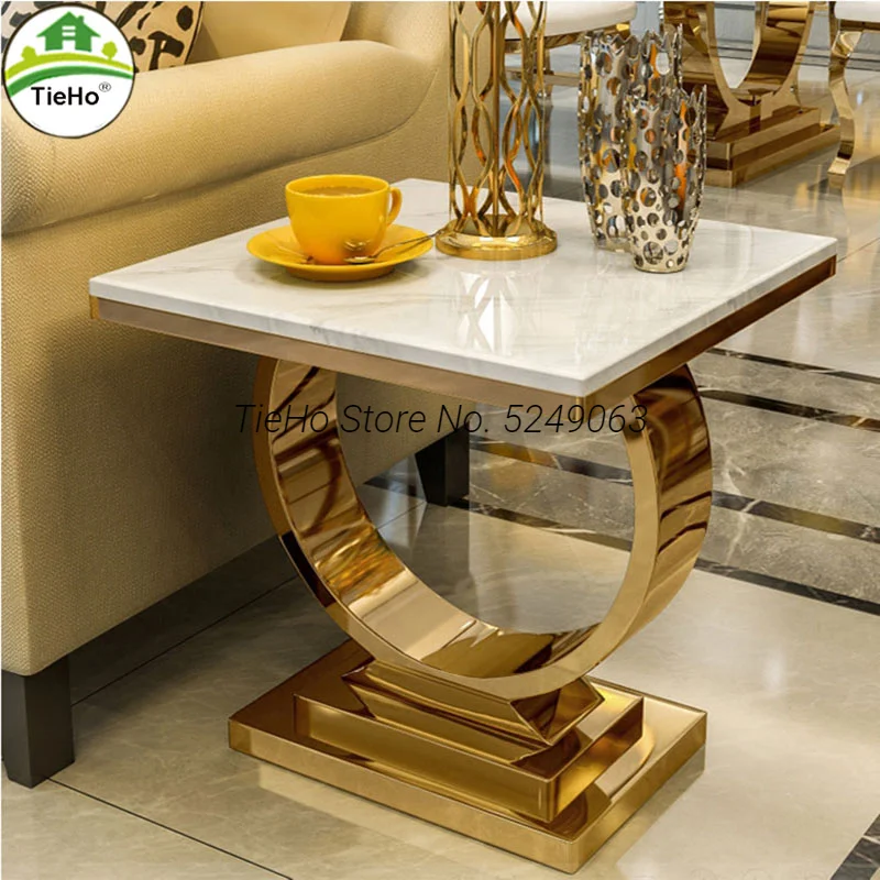 Modern Square Coffee Tables Sofa Corner Side Table Luxury Stainless Steel Base Marble Top Golden Silver Living Room Furniture