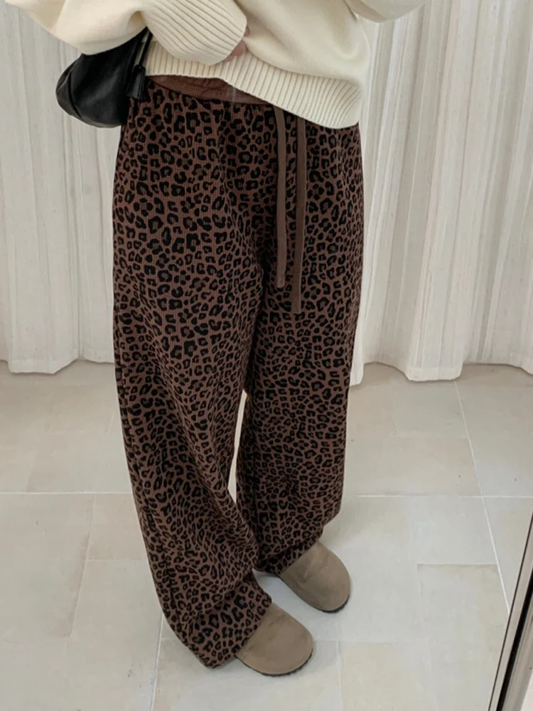 YERMORA High Elastic Waist Leopard Drawstring Wide Leg Pants For Women Loose New Trousers Fashion Tide Autumn Winter 2025