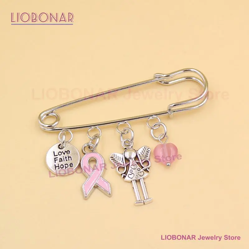 New Arrival Breast Cancer Awareness Brooch Awareness Jewelry Love Faith Hope Angel Pink Ribbon Cancer Pins Brooch Safety Pin