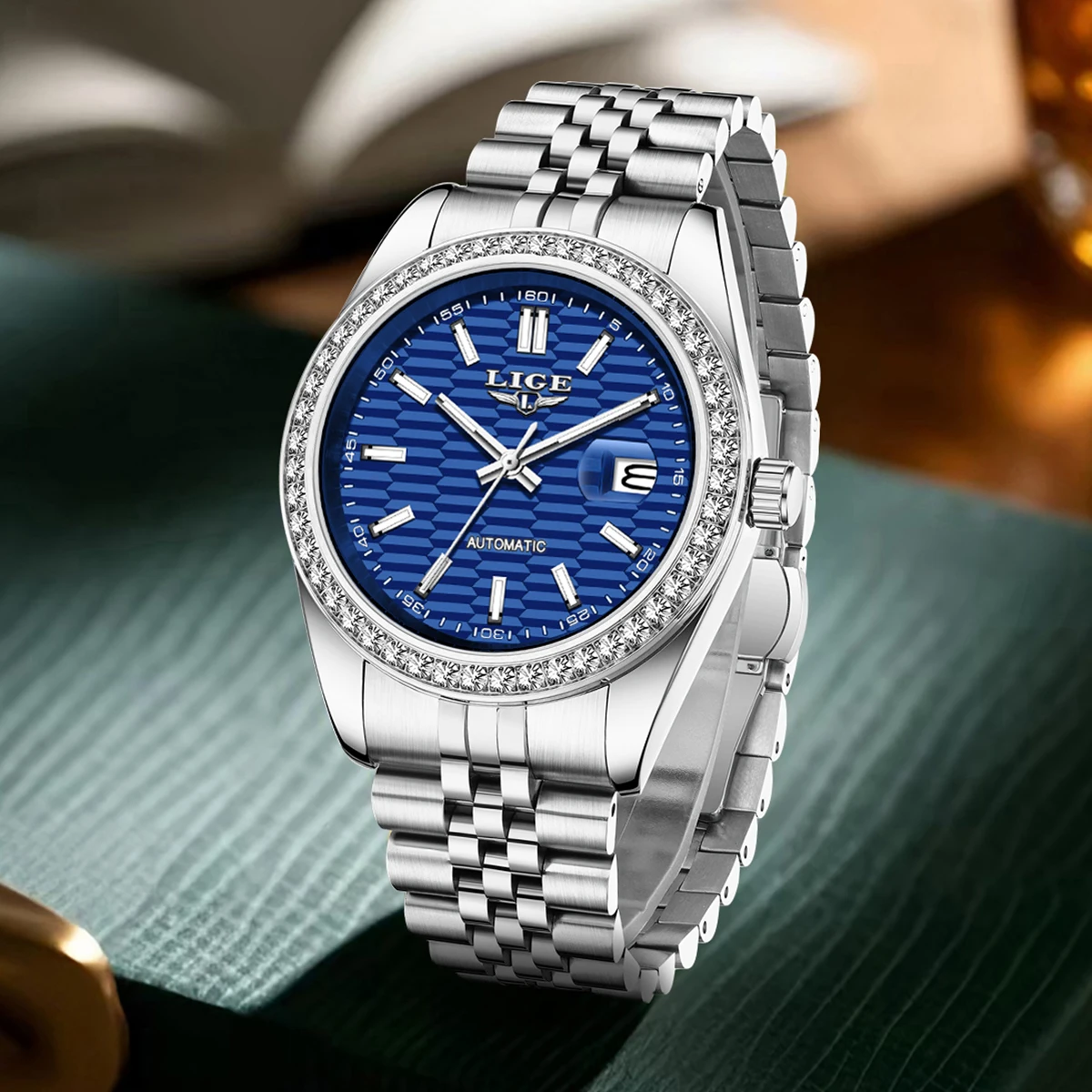 

LIGE лучший бренд класса люкс с автоматическим механизмом для мужчин модный ремешок из нержавеющей стали с дисплеем даты механические мужские часы с бриллиантами