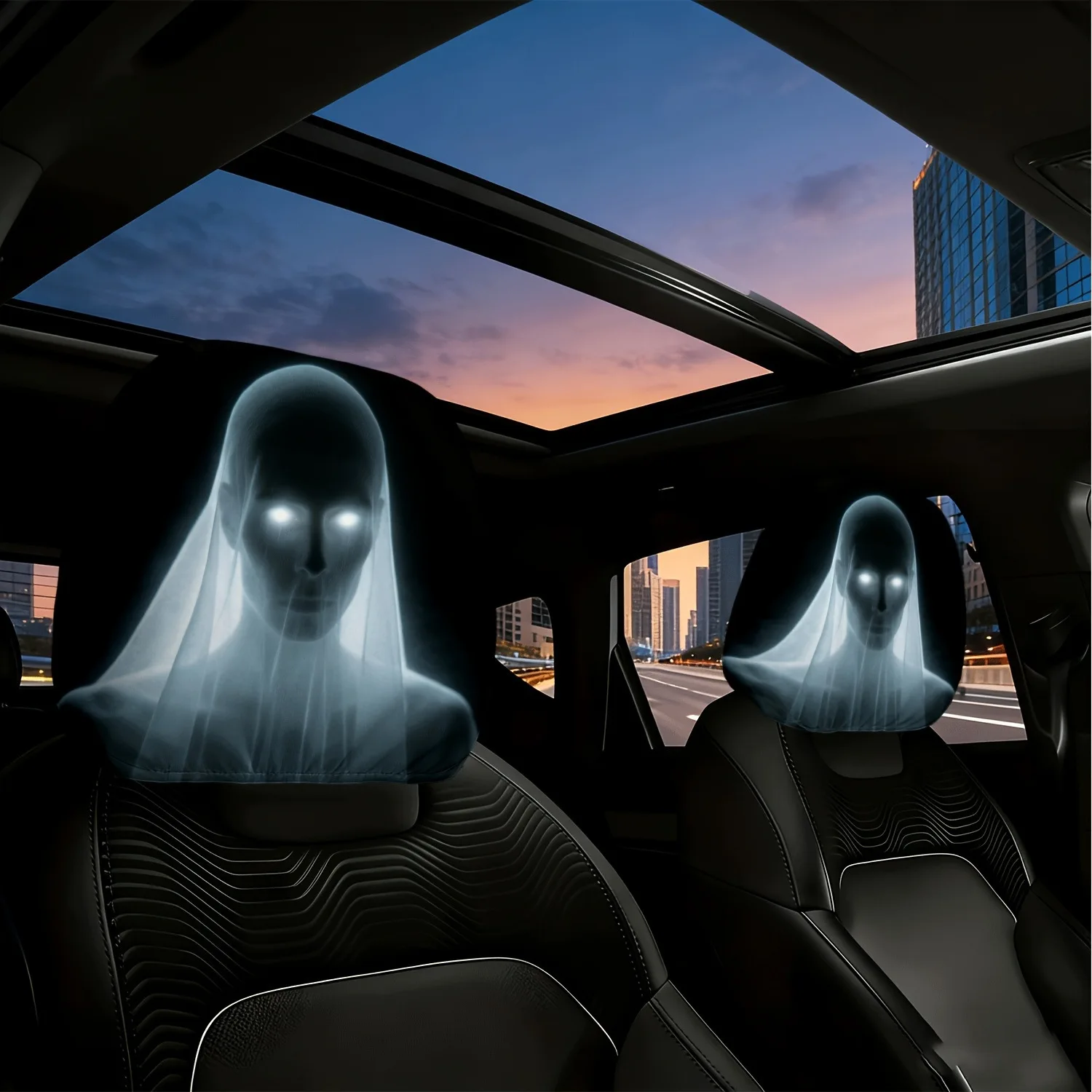 2pcs Universal Elastic Car Headrest Covers Halloween Horror Face Print Dustproof Auto Seat Headrest Protective Sleeve