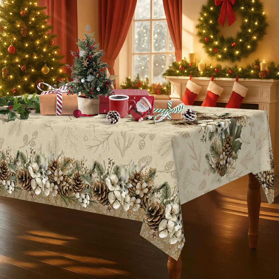 1 PC 2D planar rectangular pine forest branch and pinecone tablecloth. Natural pine needles and pinecones design.zyc