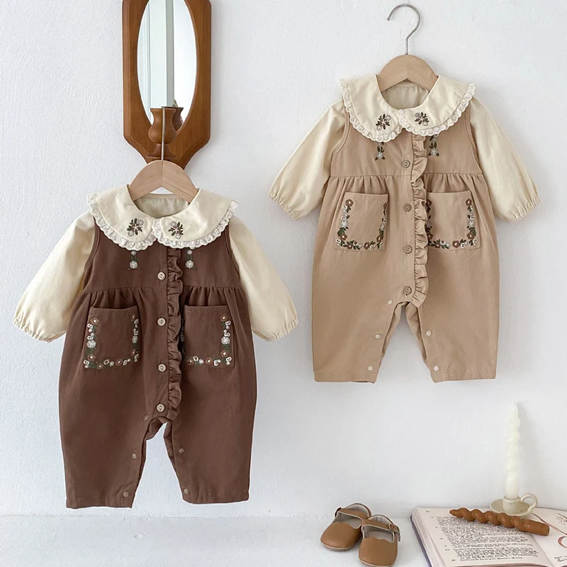 2024 New Autumn Newborn Baby Girls Clothing Set Long Sleeved Cotton Cardigan Shirt+Sleeveless Jumpsuit Infant Baby Clothes Suit