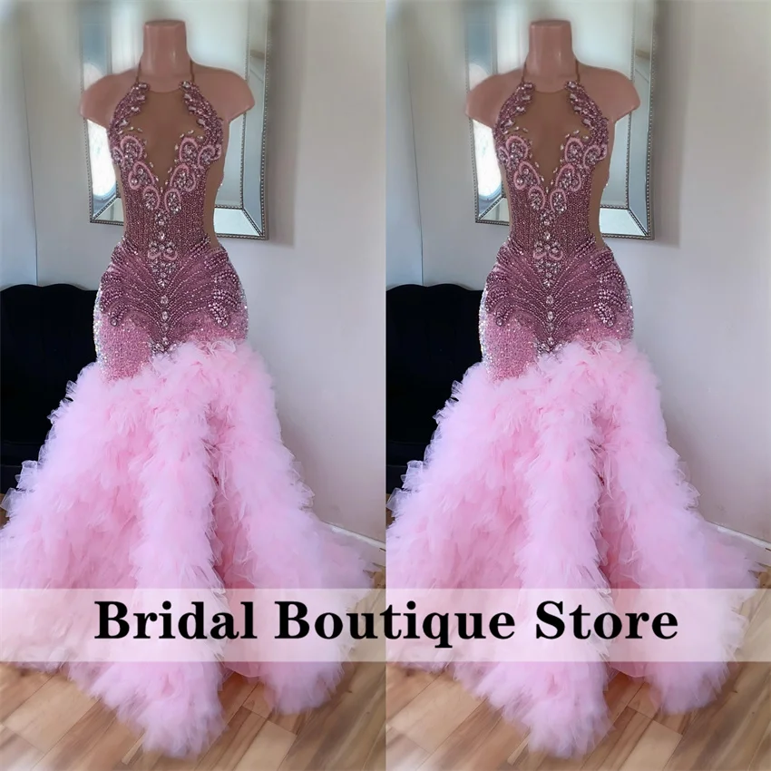 

Long Pink Dimonds Prom Dresses 2024 Halter Style Luxury Sparkly Rhinestones Crystals Sequin Gown Prom Party Wedding Gowns