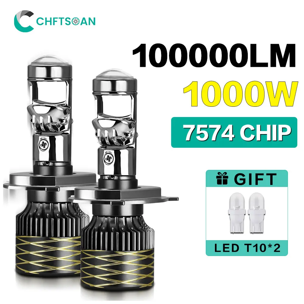 Chftsoan H4 자동차 헤드라이트 LED 오토바이 프로젝터 렌즈 헤드라이트, 1000W 100000LM Canbus 헤드램프, H7 H11 9005 9006 6000K 12V 24V