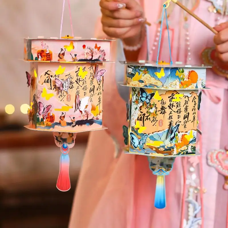 Traditional Chinese Paper Lantern DIY Handheld Kit with LED Light Easy Assemble for Kids Holiday Art Activity
