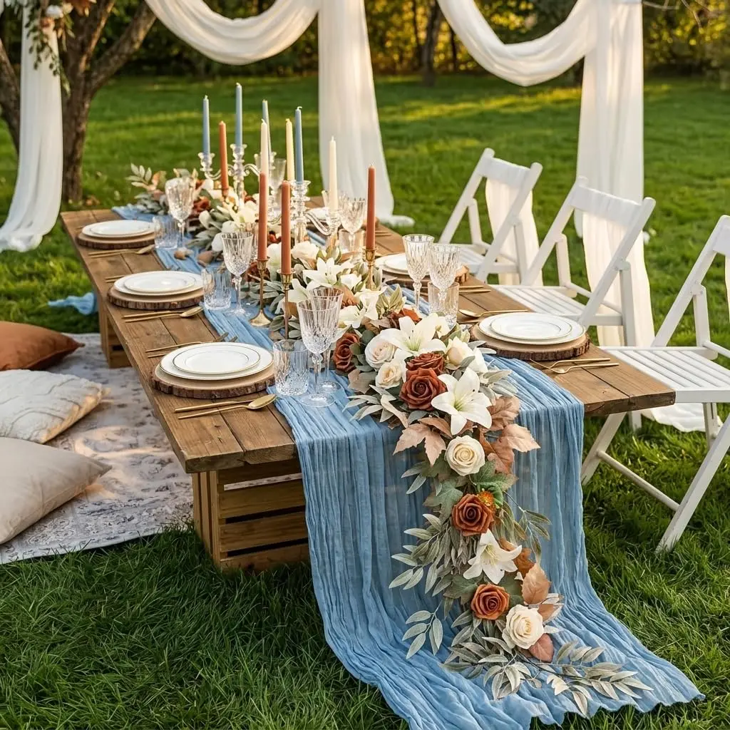 Lot de 10 chemins de table en gaze de crêpe, décoration de table de mariage, fête, ferme, décoration de table pour l'inauguration de la maison, Noël