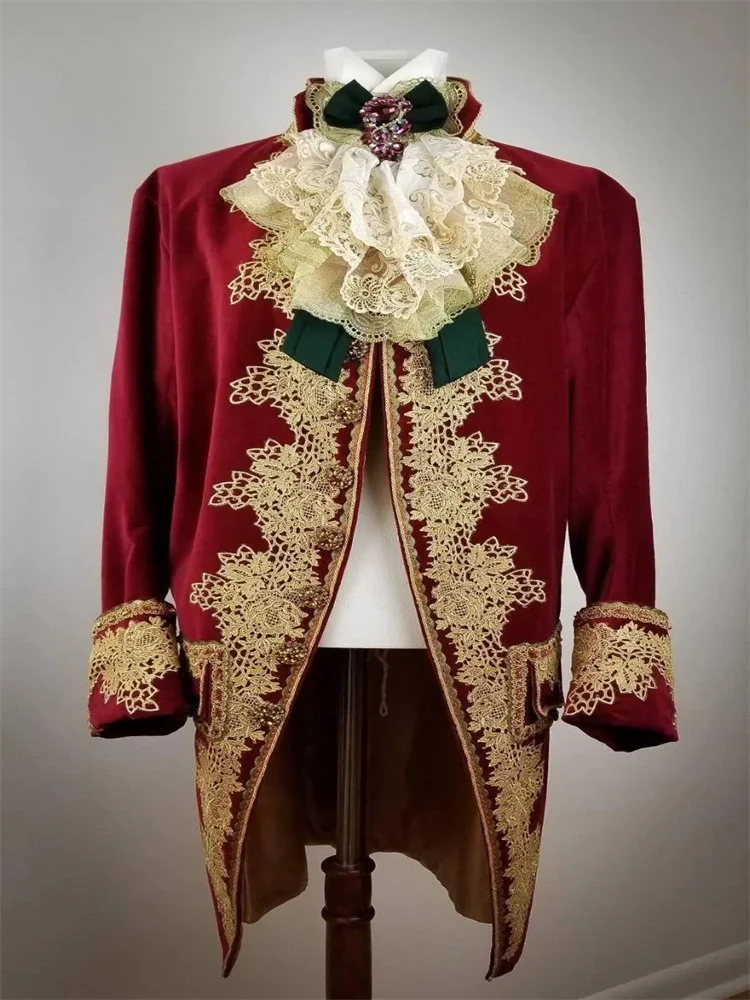

18th Century Red Men's Rococo Jacket Court Noble Tailcoat Historical Vintage Suits Venetian Outfit Carnival Military Uniform