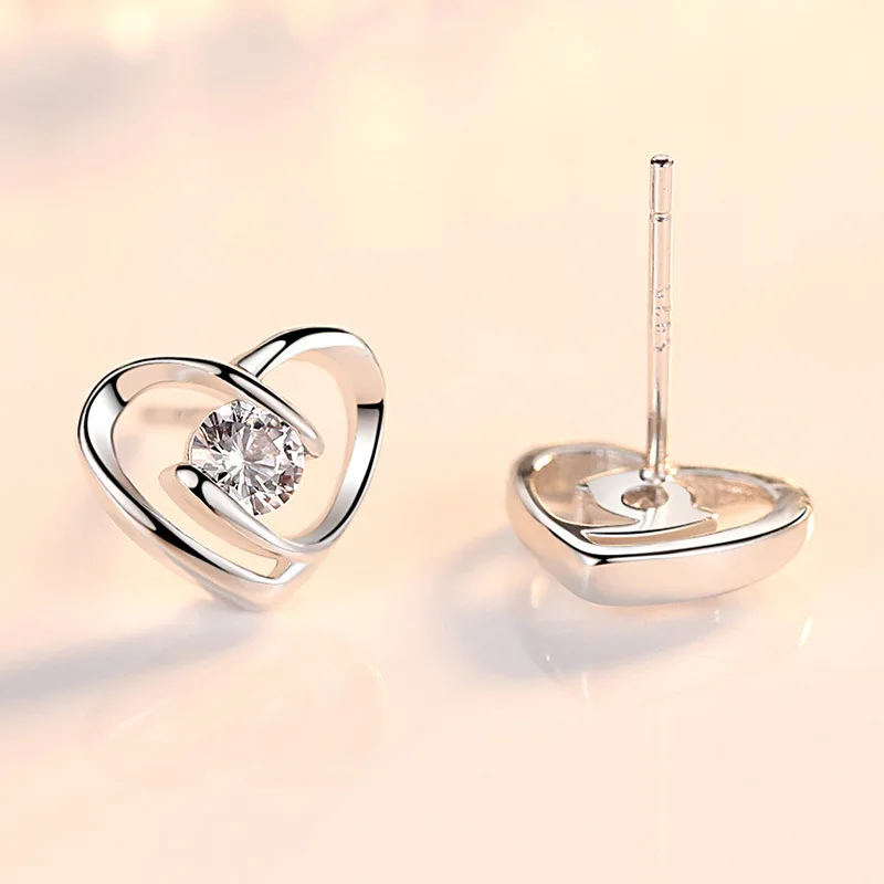 Pure 925 Sterling Silver Woman\'s Gift New Fashion Crystal Jewelry Heart Stud Earrings XY0288