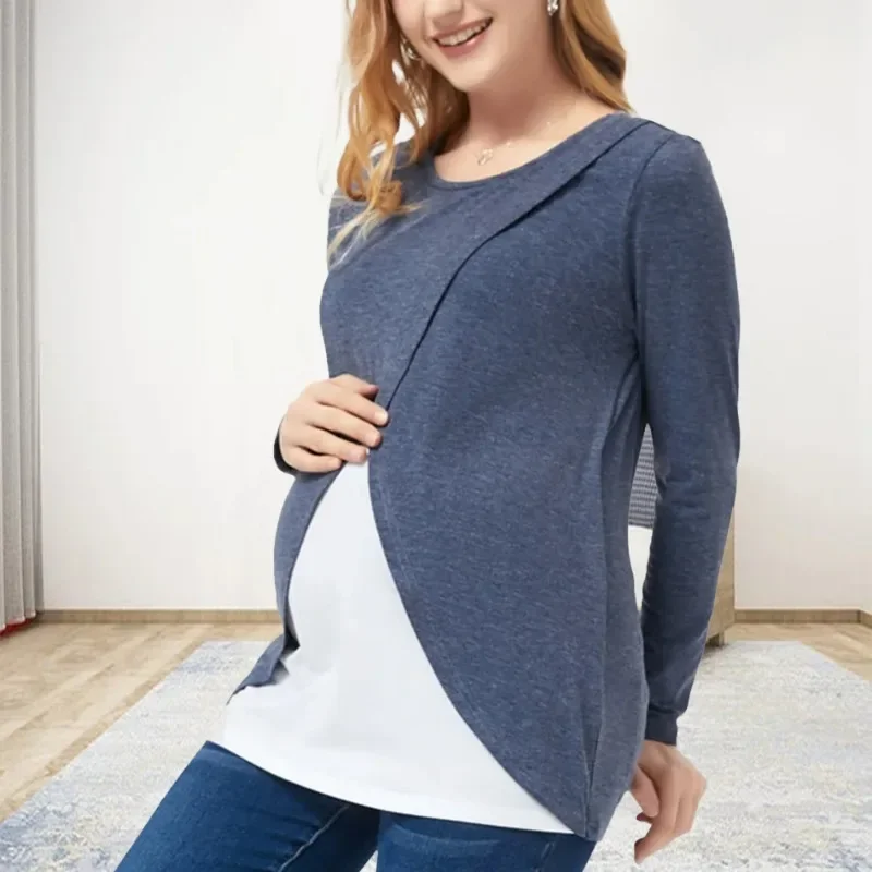 

Модный топ для беременных контрастного цвета с круглым вырезом, мягкая и удобная однотонная футболка с длинными рукавами