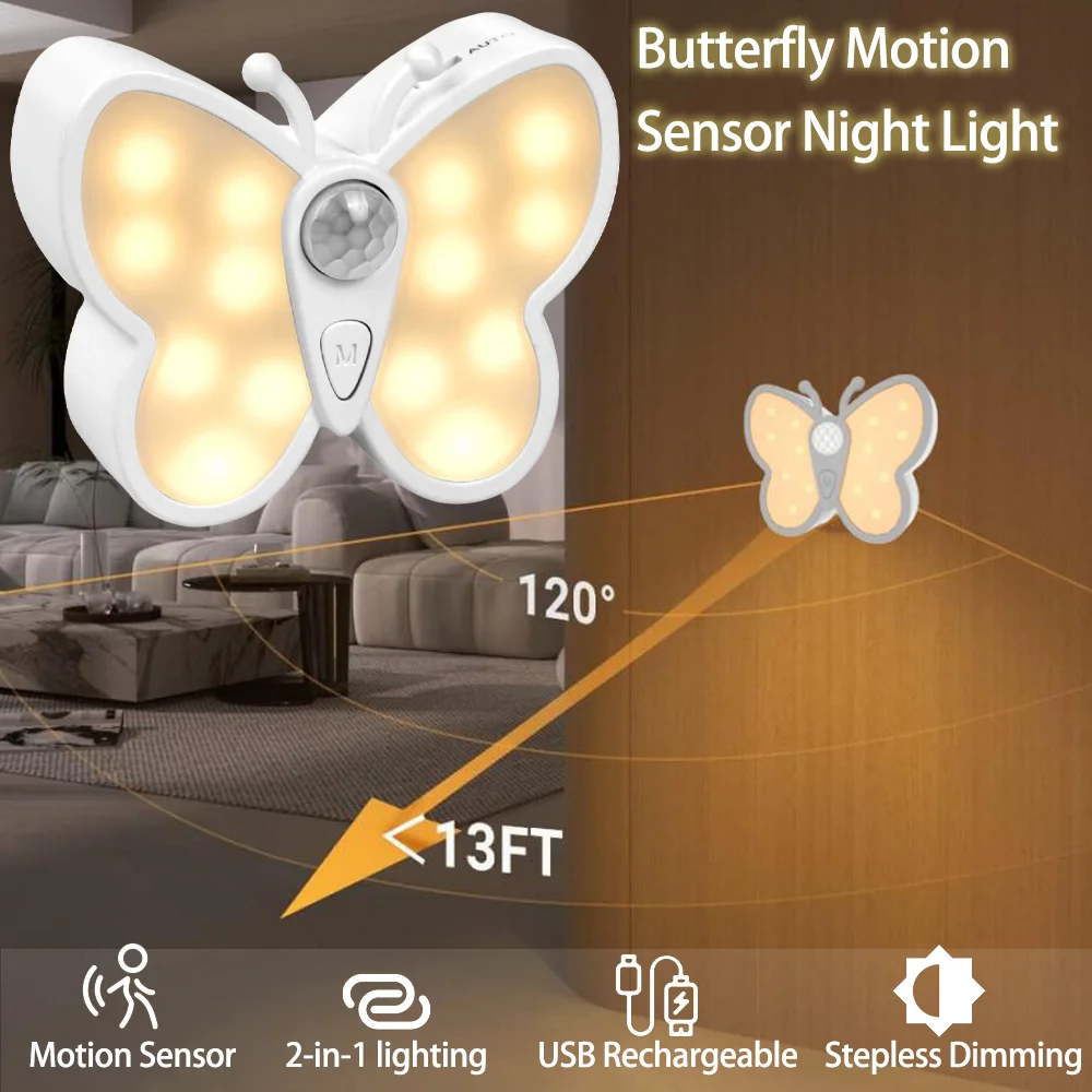Butterfly Motion Sensor Night Light Wireless LED Night Light Rechargeable Light Cabinet for Wardrobe Lamp Staircase Backlight