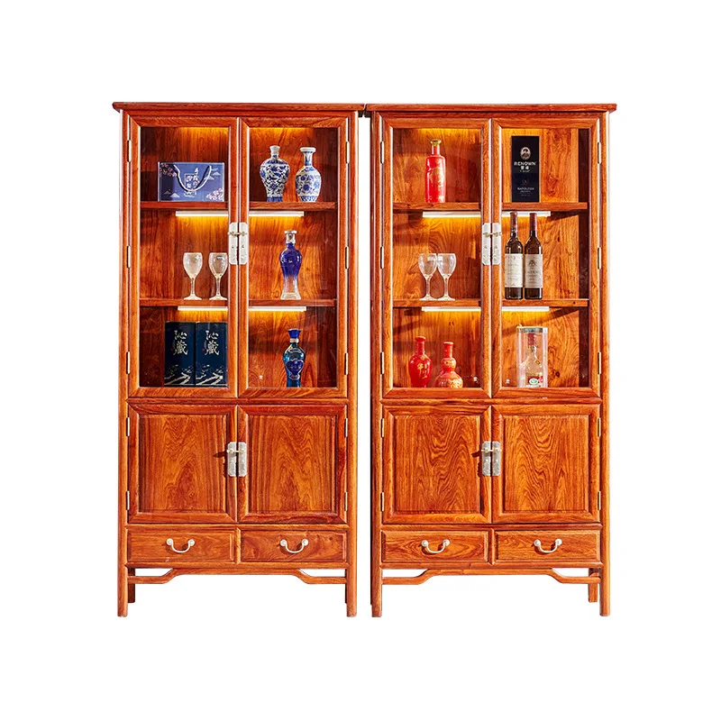 

New Chinese hedgehog red sandalwood glass display cabinet living room wall storage solid wood bookcase