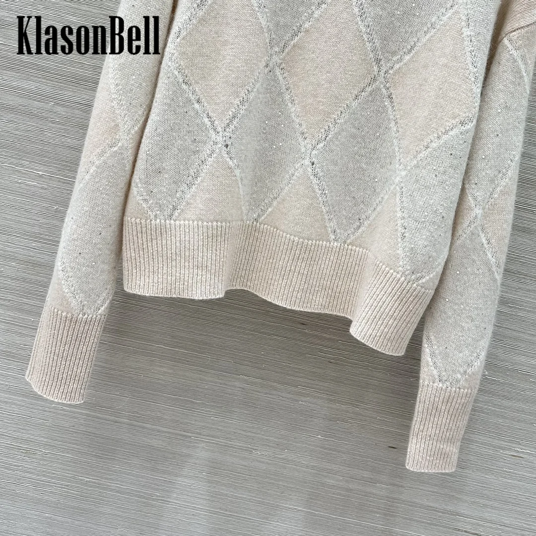 9.28 KlasonBell Fashion Bling Sequins Argyle Plaid Knitwear For Women Half High Collar Cashmere Keep Warm Loose Sweater