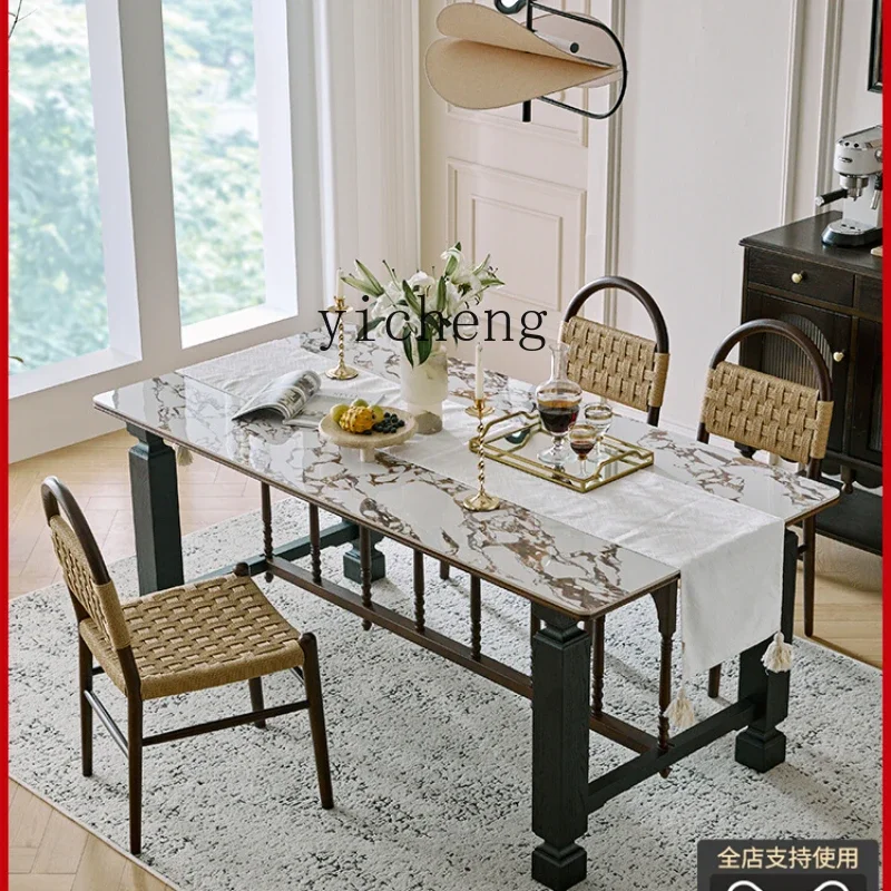

ZC Glossy Stone Plate Dining Table Retro Solid Wood Dining Table and Chair New Light Luxury Dining Table