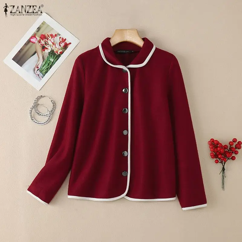 ZANZEA femmes élégant polaire tricoté Cardigans contraste-garniture col roulé à manches longues boutonné vestes automne hiver femme manteaux