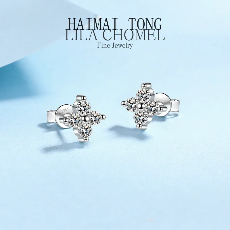 A Pair 0.8CT Full Moissnaite Stud Earrings 4 Stones Perfect Arrangement Classic PT950 Platinum Earring with GRA Wedding Jewelry