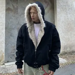Hoodies Y2k Oversized Tops Mens Winter Clothes Streetwear Hip Hop Fox Fur Thick Korea Zip Up Hoodie Punk Hombre Kpop Coats Men