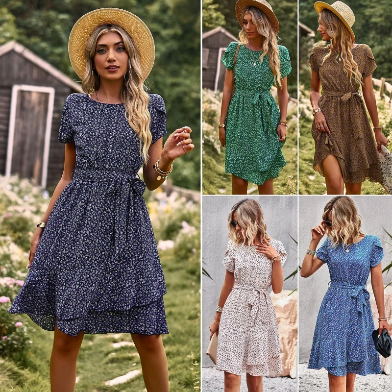 DY-Self-Developed Design American Station round Neck Temperament Leisure Dress Summer Lace-up Waist-Controlled Women's Clothing