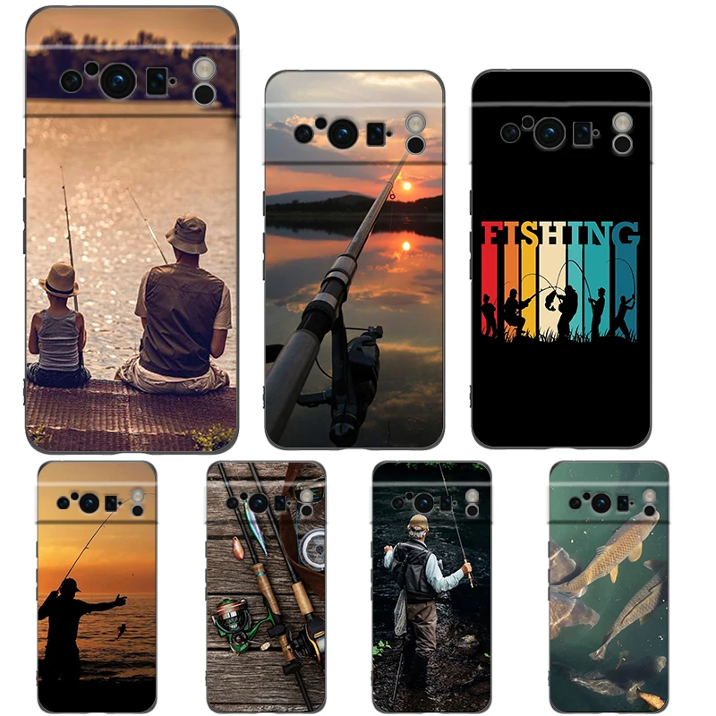 Phone Case For Google Pixel 9 8 8A 7 7A 6 Pro XL 6A 5G Black Soft Shockproof Back Cover TPU Shell Carp Fishing Fish