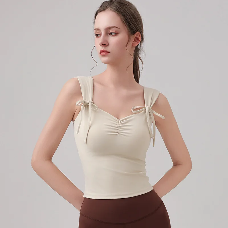 

Женский бант для йоги, двойные бретели с нагрудной подушечкой, спортивный тренажерный зал, фитнес, тренировки, пилатес, майка, дышащий эластичный жилет, бюстгальтер