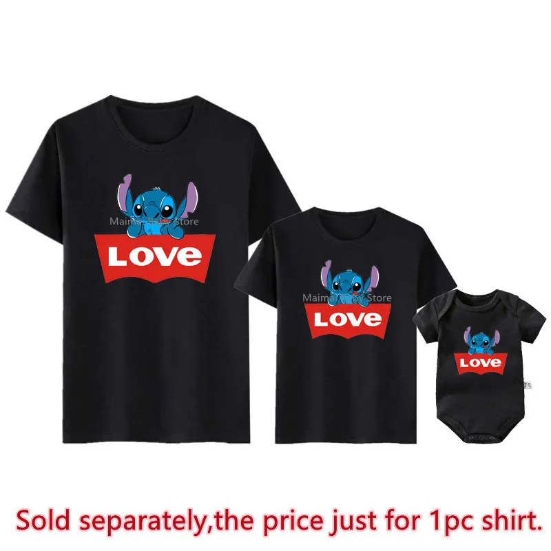 New Disney Stitch Love Print Family Matching Shirts Cotton Dad Mom Kids Tshirts Funny Look Disneyland Trip Outfits Clothes Gifts